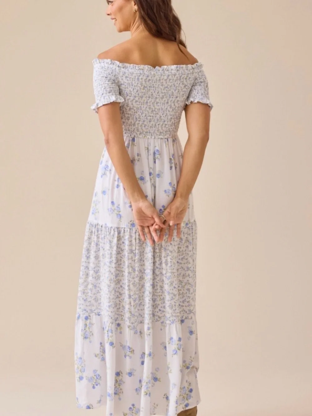 Altar'd State Off-Shoulder White Dress with Blue Floral Print - Picture 2 of 2